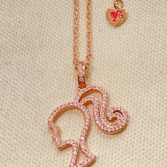 Barbie Jewelry - Delicate Barbie silhouette in rose gold with pink diameters  45cm chain necklace